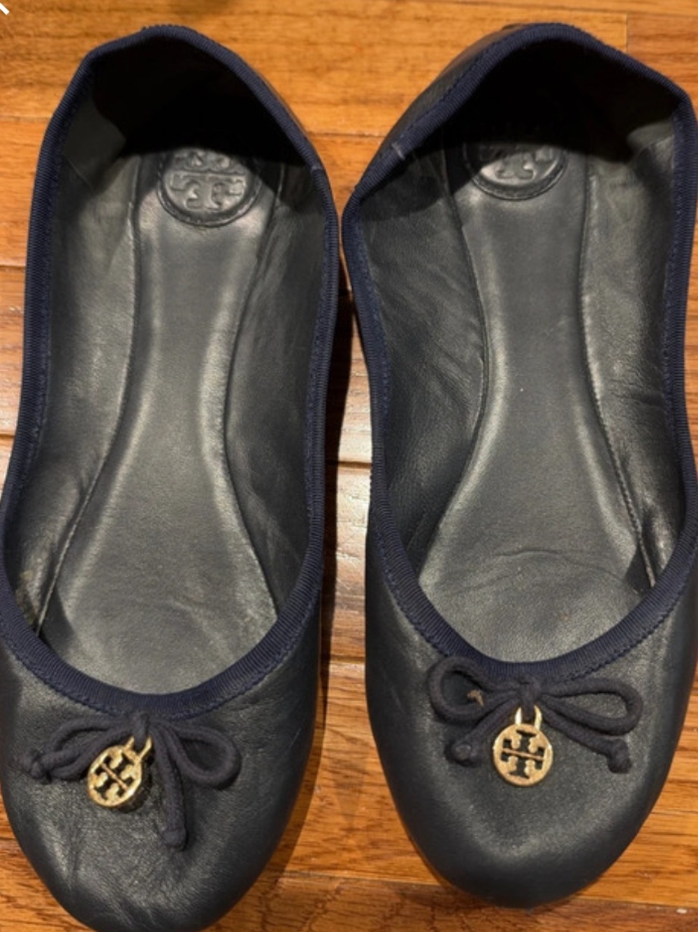 Tory Burch Navy Leather Ballet Flats with Gold Logo Charm